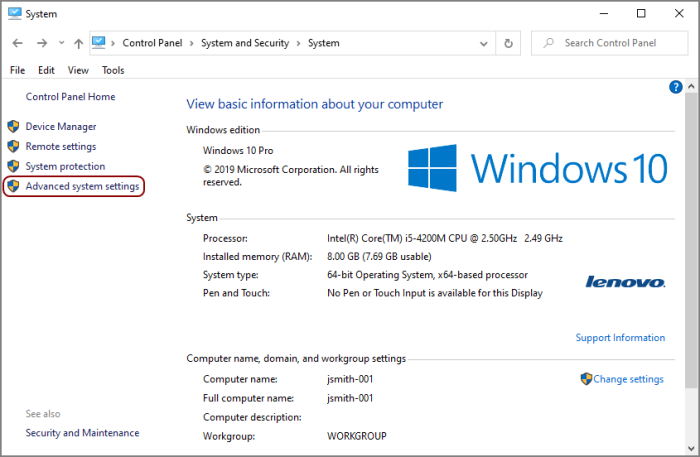 The System information under the Control Panel.